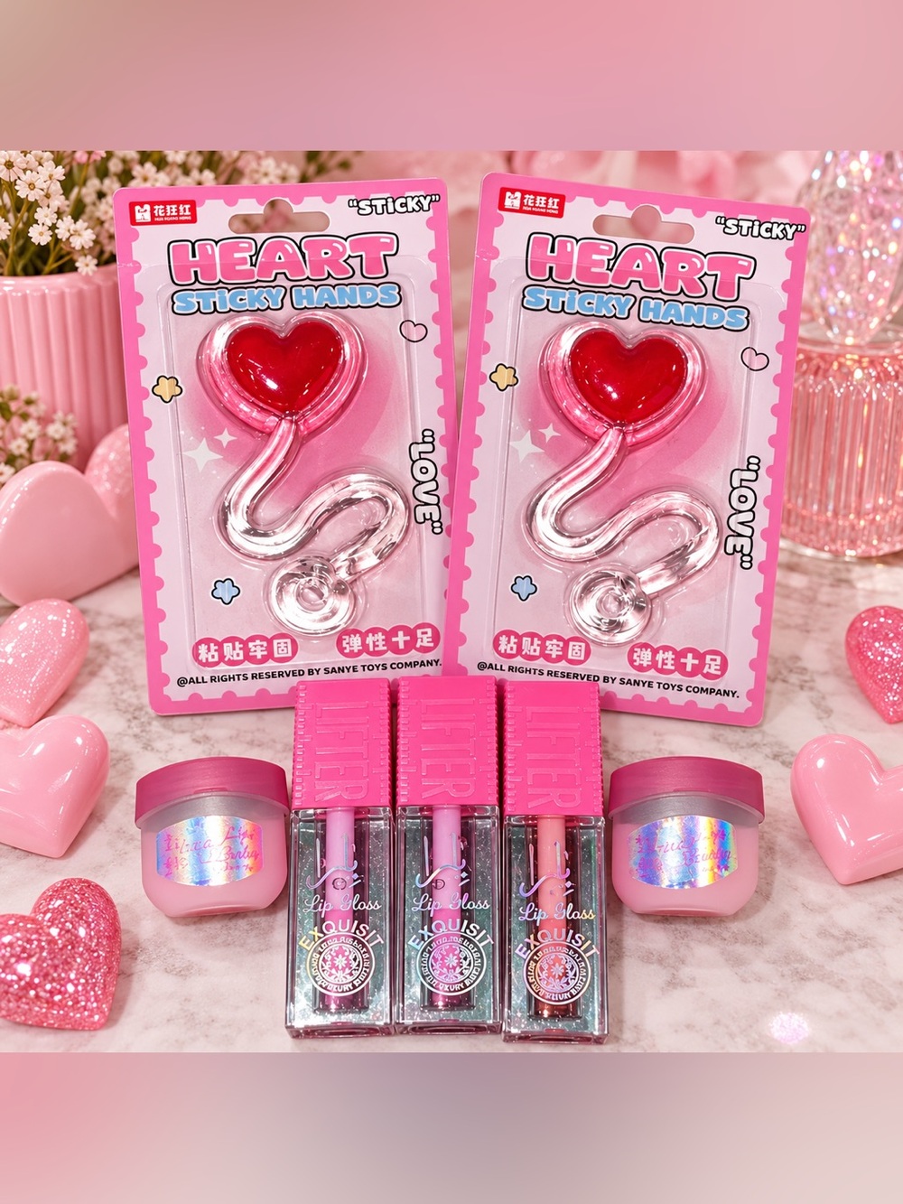 π NWT 7-Piece Pink Beauty & Fun Bundle | 5 Lip Products + 2 Heart Sticky Hands